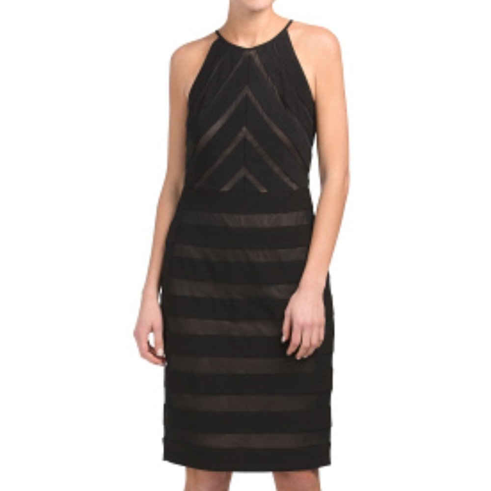 Adrianna Papell NWT Sexy Mitered Banded Jersey/Mesh Sheath Dress BLACK